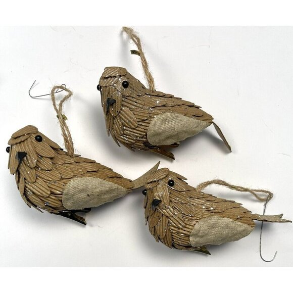 Lot 6 Bird Themed Rustic Holiday CHRISTMAS TREE ORNAMENTS Owl Birdhouse Beige - Picture 2 of 9